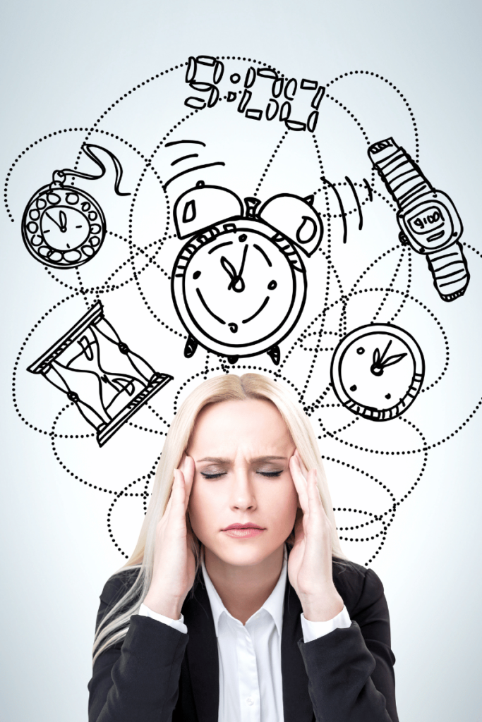 Maximizing Automation for Efficiency and Growth. Woman holding her head with time pieces over her head